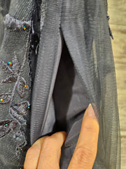 BLUE/GRAY FLORAL A LINE GOWN