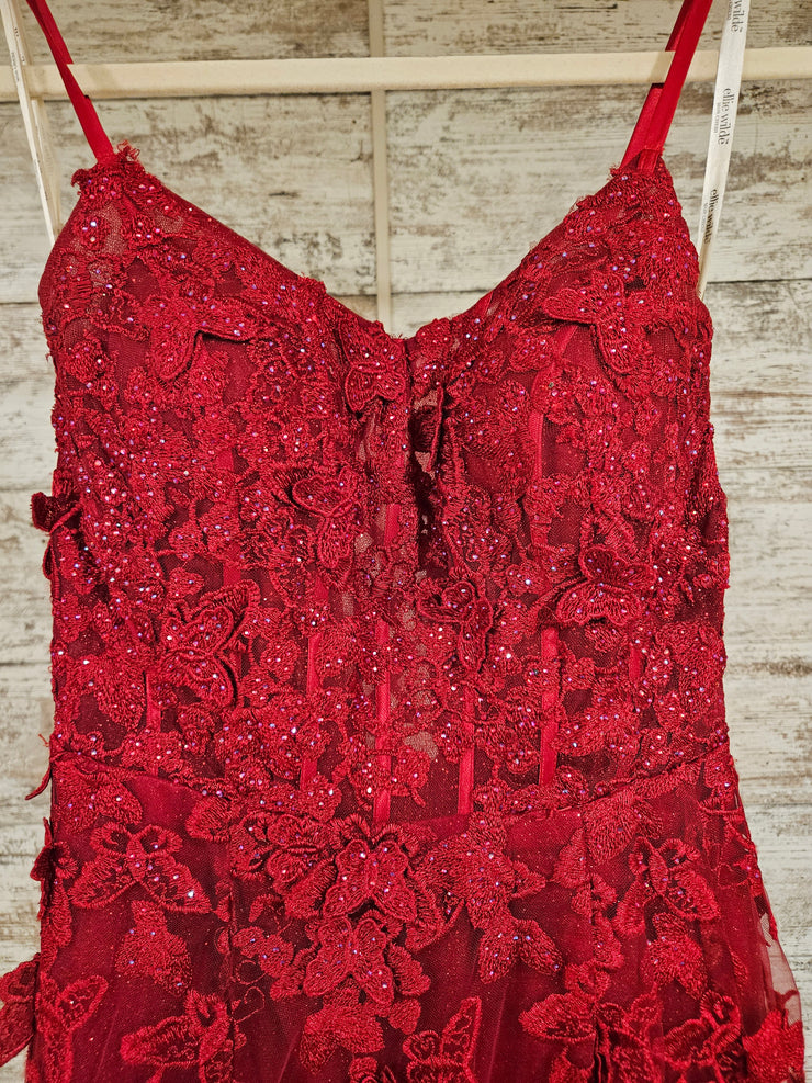 RED/FLORAL SPARKLY A LINE GOWN