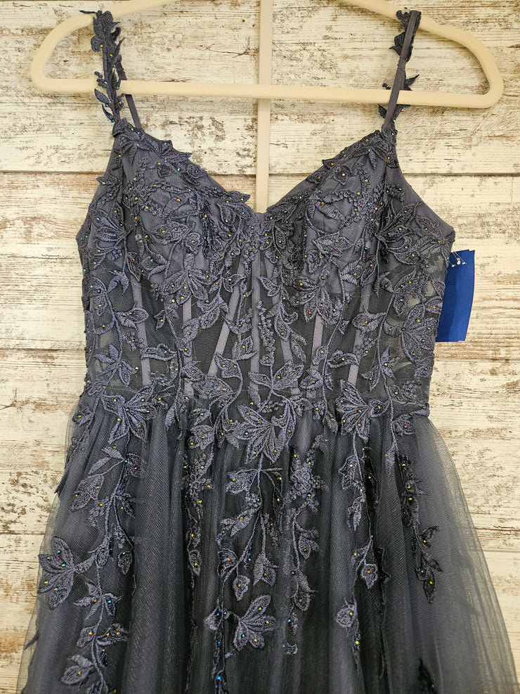 BLUE/GRAY FLORAL A LINE GOWN