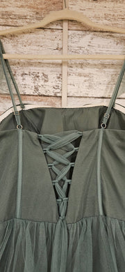 GREEN RUFFLED A LINE GOWN