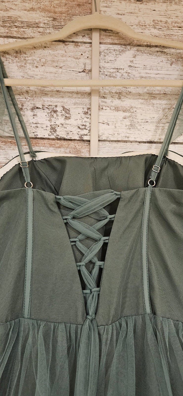 GREEN RUFFLED A LINE GOWN