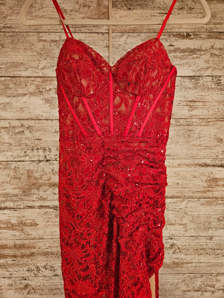RED LACE LONG EVENING GOWN