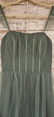 GREEN RUFFLED A LINE GOWN