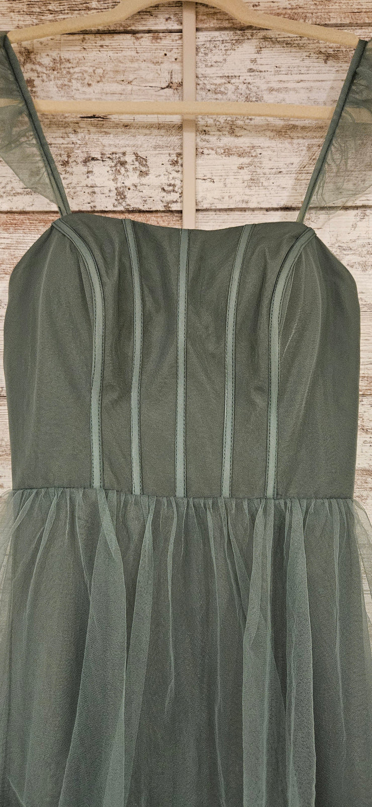 GREEN RUFFLED A LINE GOWN
