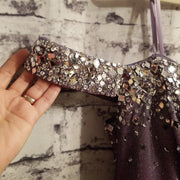 GRAY SPARKLY A LINE GOWN OFF THE SHOULDER