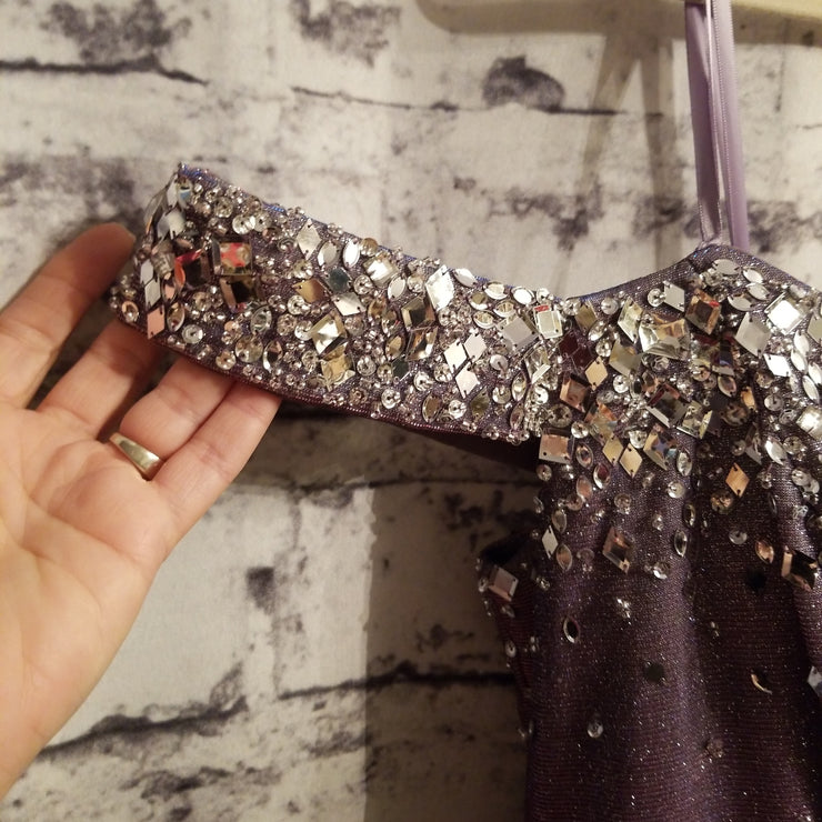 GRAY SPARKLY A LINE GOWN OFF THE SHOULDER