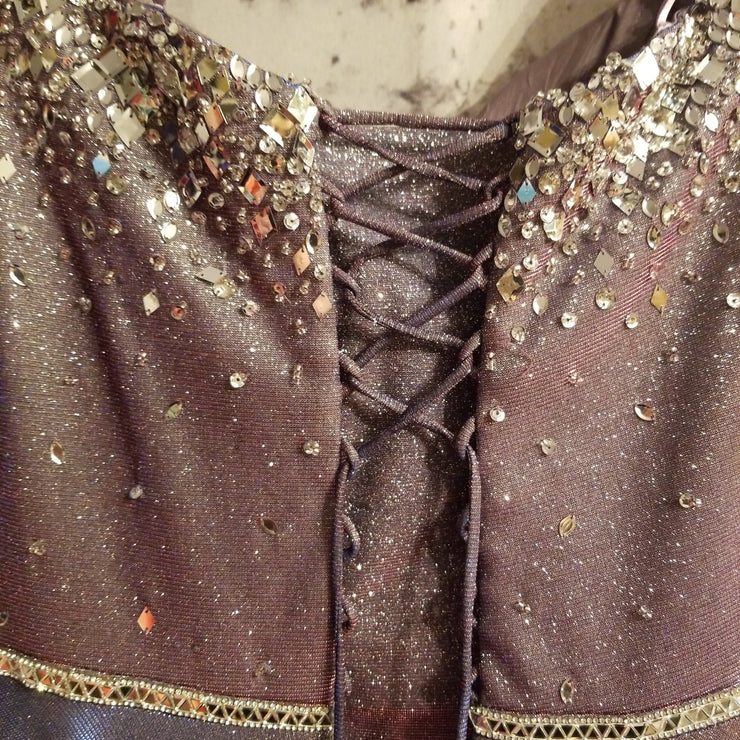 GRAY SPARKLY A LINE GOWN OFF THE SHOULDER