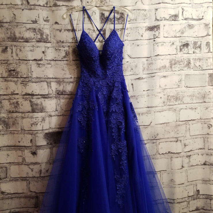 ROYAL BLUE/FLORAL A LINE GOWN