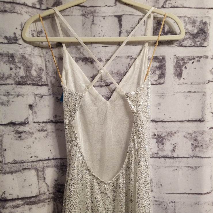 SILVER/WHITE LONG EVENING GOWN