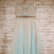 GREEN/TAN A LINE GOWN SIDE ZIP