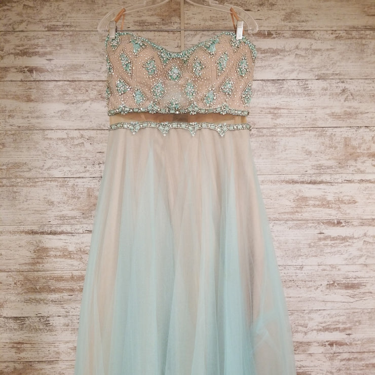 GREEN/TAN A LINE GOWN SIDE ZIP