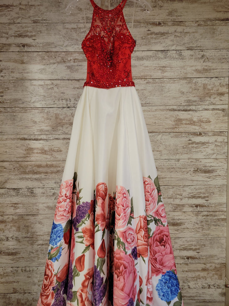 WHITE/RED FLORAL A LINE GOWN
