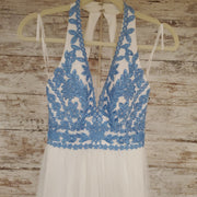 WHITE/BLUE LONG EVENING GOWN