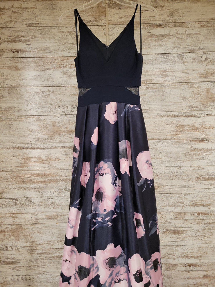 NAVY/FLORAL A LINE GOWN