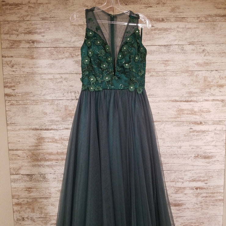 GREEN FLORAL A LINE GOWN