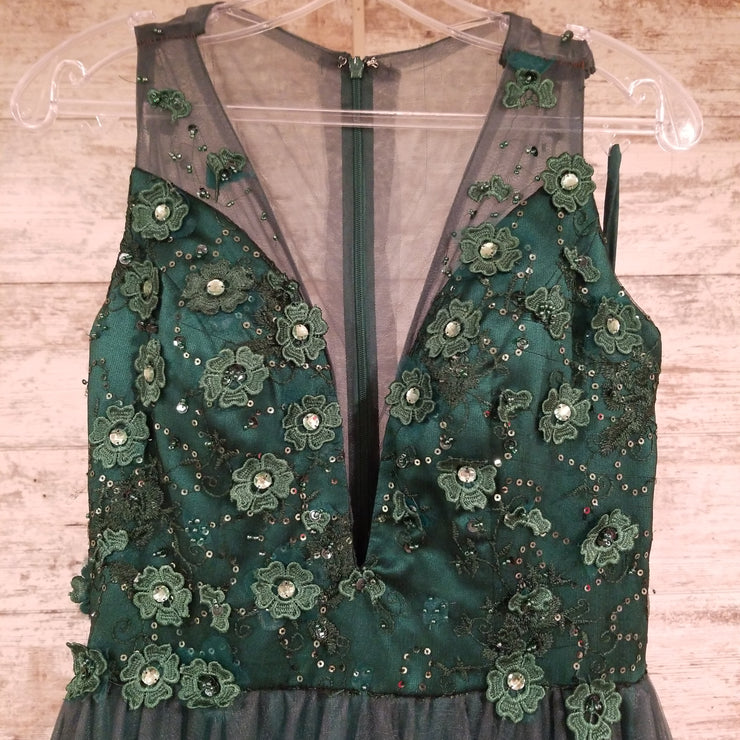 GREEN FLORAL A LINE GOWN