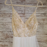 WHITE/GOLD RUFFLED A LINE GOWN