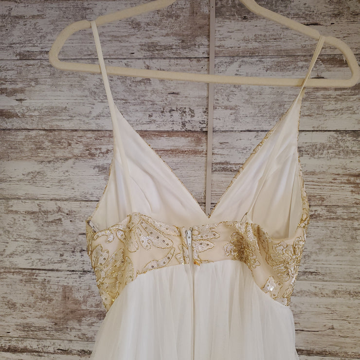 WHITE/GOLD RUFFLED A LINE GOWN