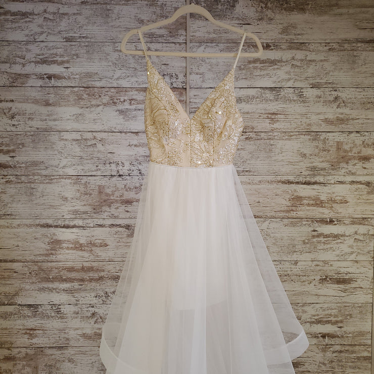 WHITE/GOLD RUFFLED A LINE GOWN