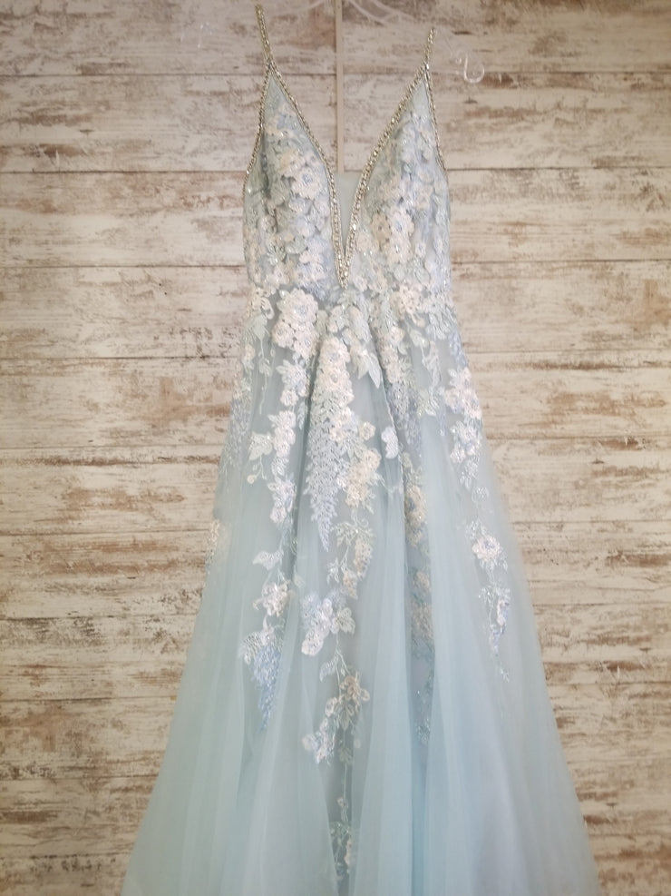 BLUE/IVORY FLORAL A LINE GOWN