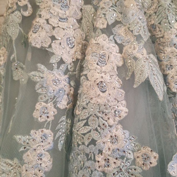 BLUE/IVORY FLORAL A LINE GOWN