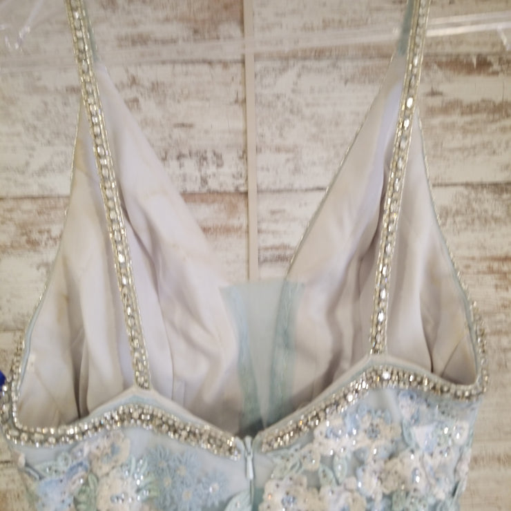 BLUE/IVORY FLORAL A LINE GOWN