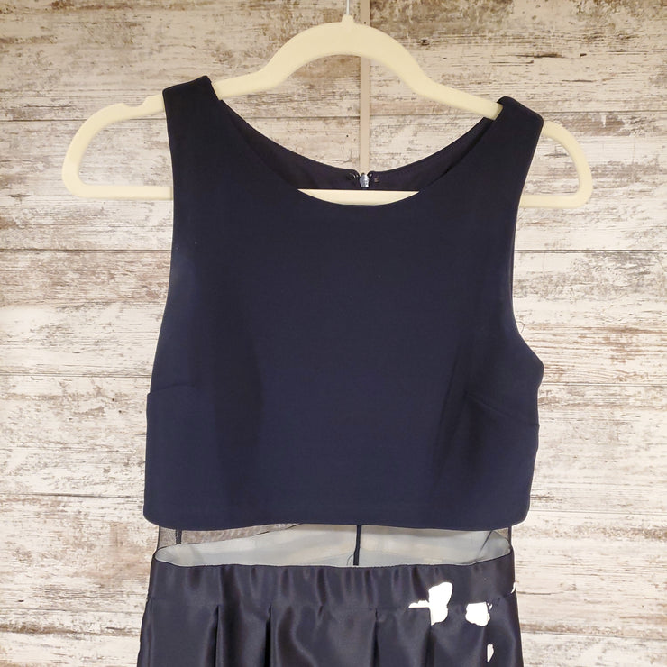 NAVY/WHITE FLORAL A LINE GOWN