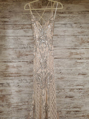 TAN/SILVER LONG EVENING GOWN