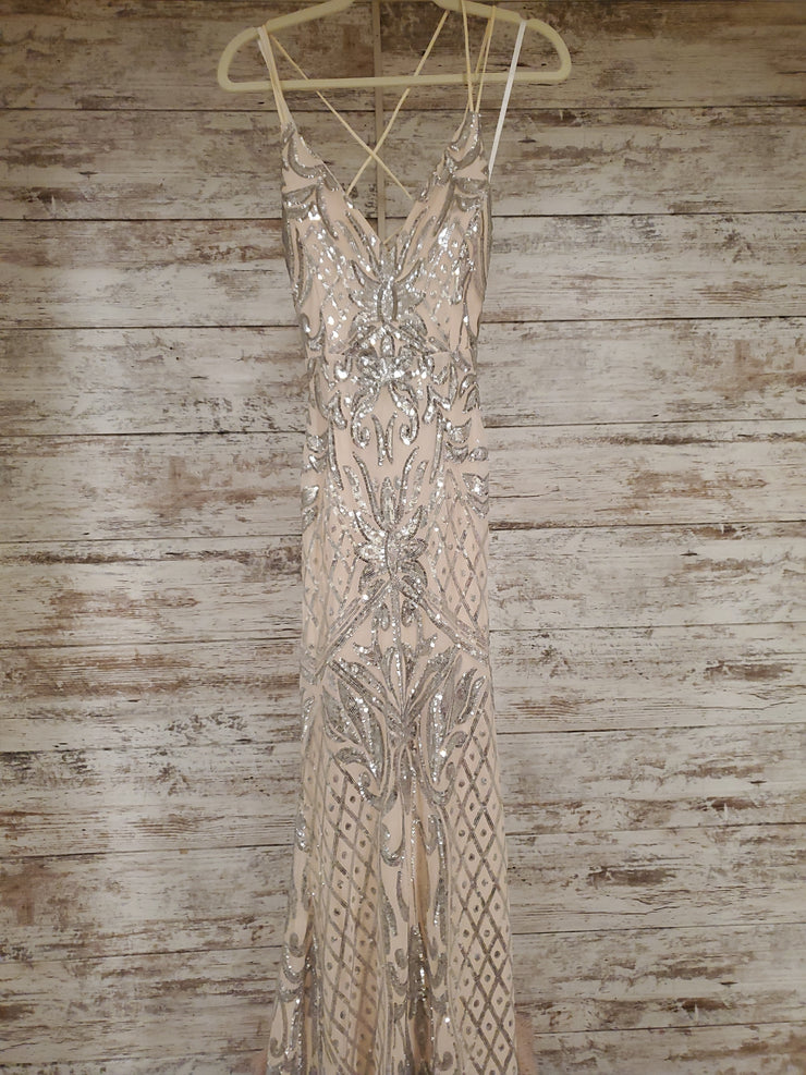 TAN/SILVER LONG EVENING GOWN
