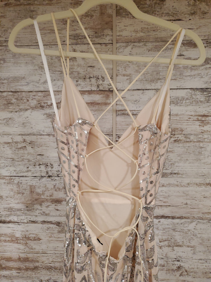 TAN/SILVER LONG EVENING GOWN