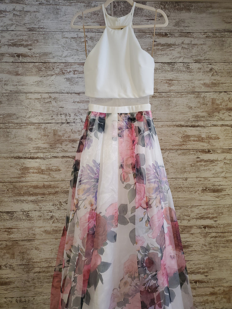 WHITE/FLORAL A LINE GOWN