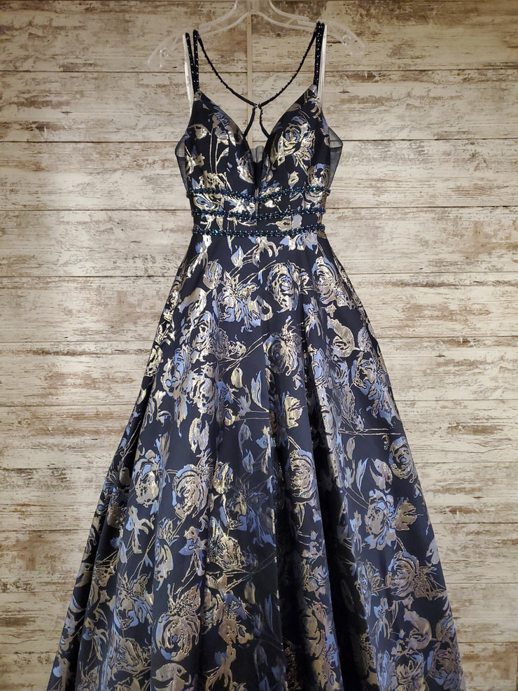 NAVY/GOLD FLORAL A LINE GOWN