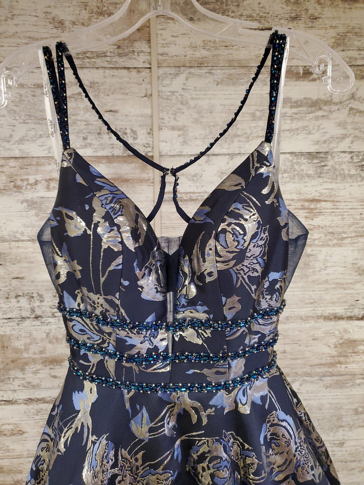 NAVY/GOLD FLORAL A LINE GOWN