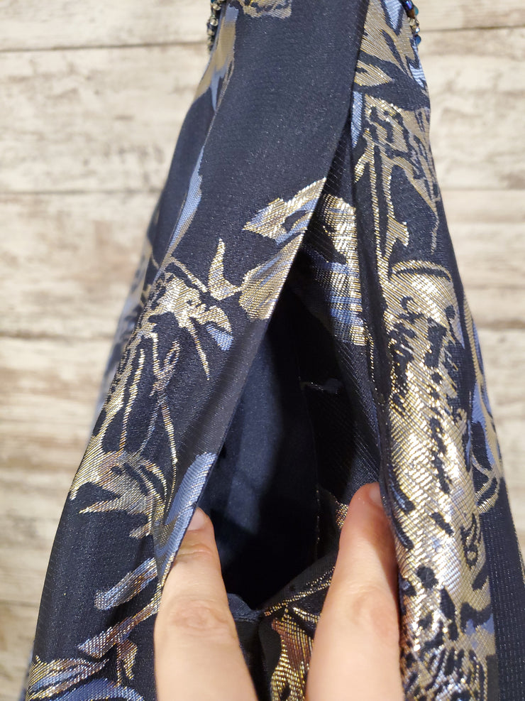 NAVY/GOLD FLORAL A LINE GOWN