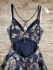 NAVY/GOLD FLORAL A LINE GOWN