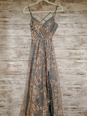 GRAY/GOLD SPARKLY A LINE GOWN
