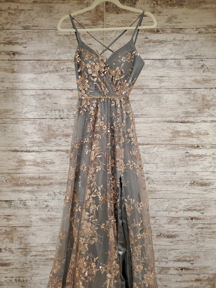 GRAY/GOLD SPARKLY A LINE GOWN