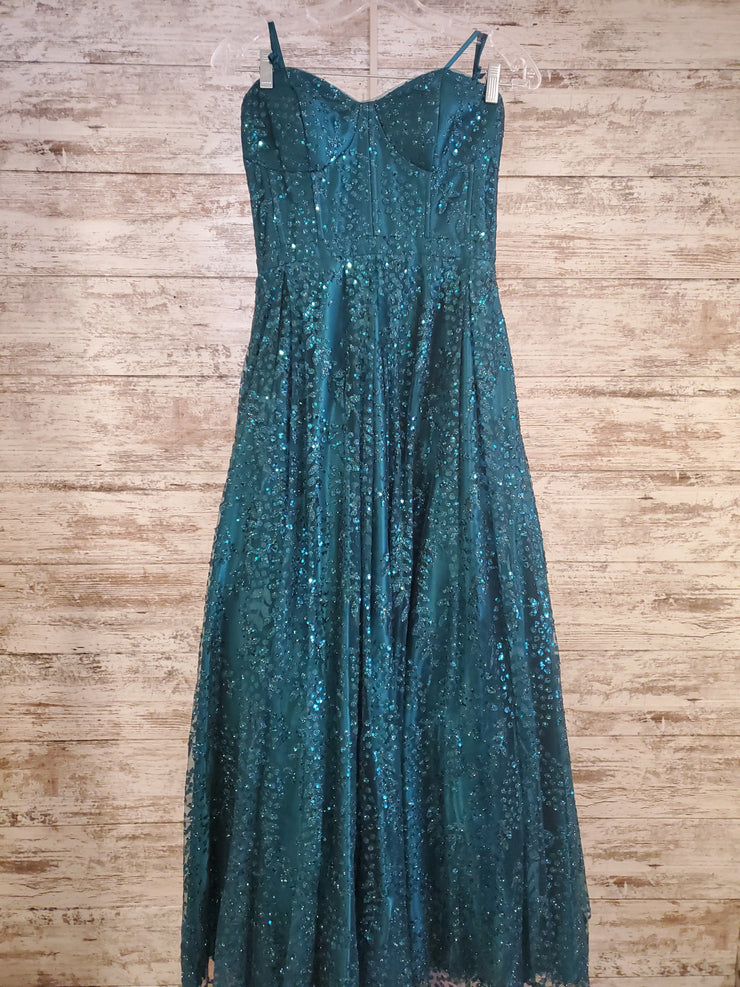 GREEN SPARKLY A LINE GOWN