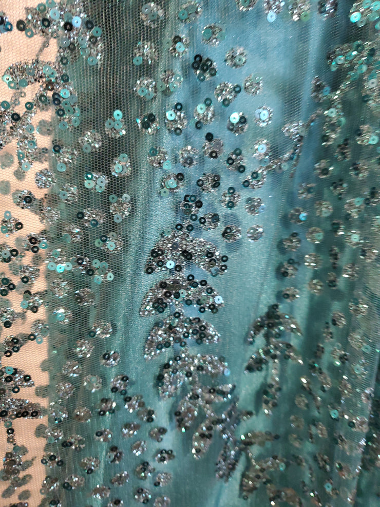 GREEN SPARKLY A LINE GOWN