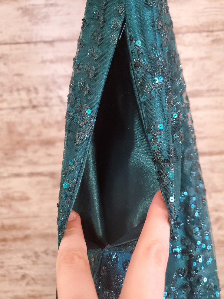 GREEN SPARKLY A LINE GOWN