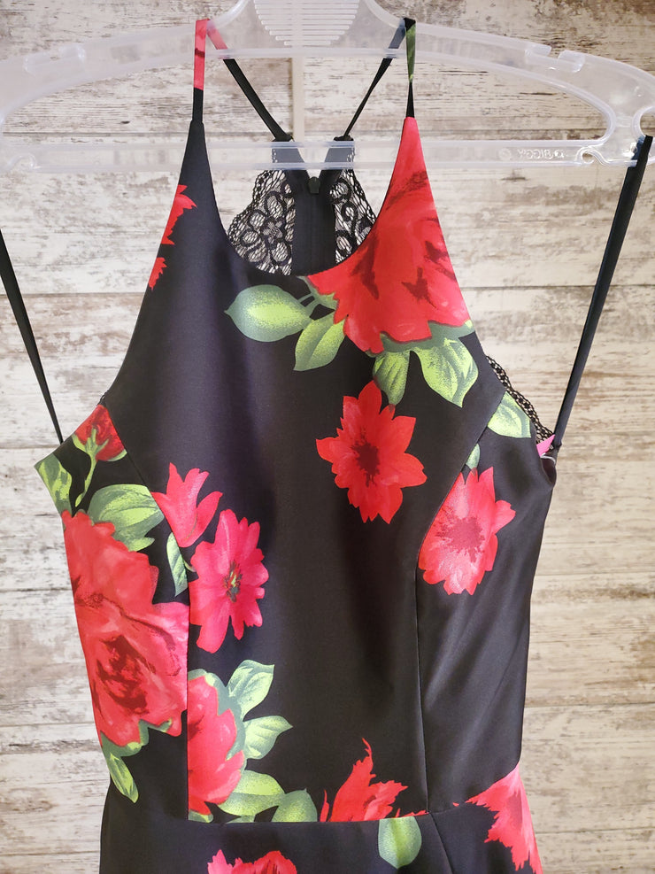 BLACK/FLORAL A LINE GOWN