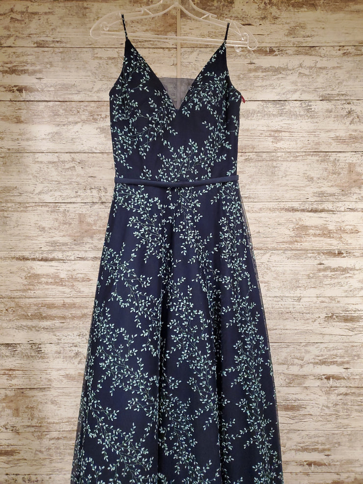 NAVY/GREEN FLOWERS A LINE GOWN