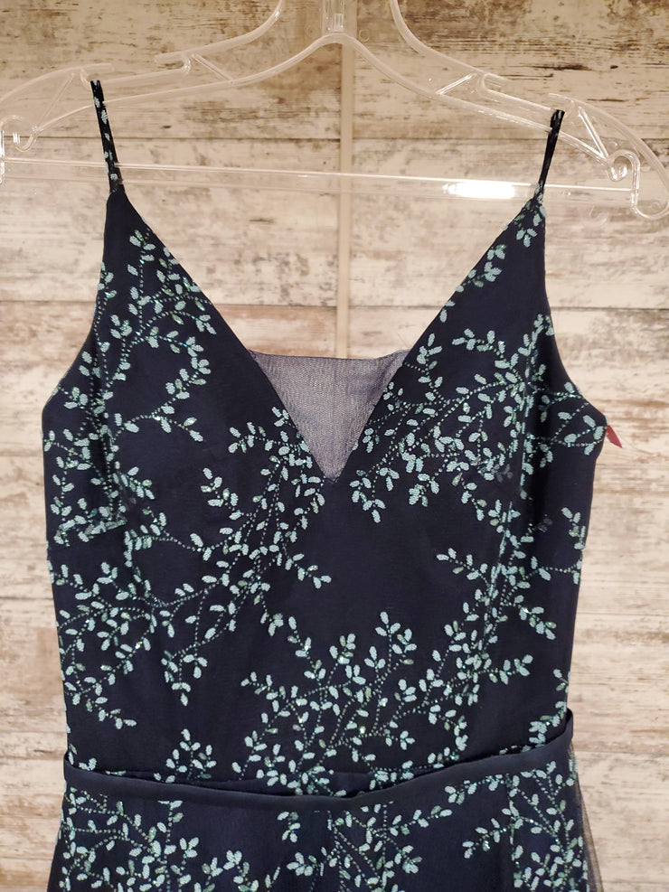 NAVY/GREEN FLOWERS A LINE GOWN