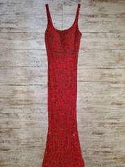 RED BEADED LONG EVENING GOWN