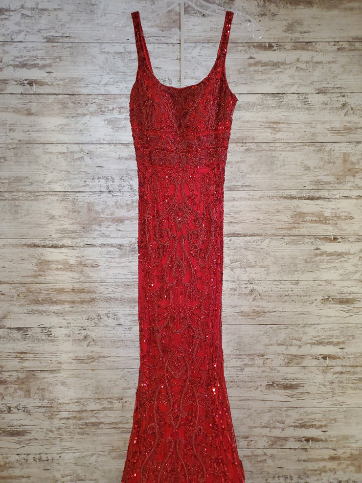 RED BEADED LONG EVENING GOWN