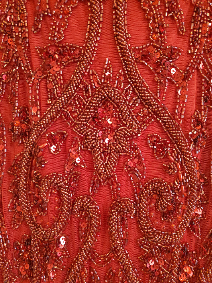 RED BEADED LONG EVENING GOWN