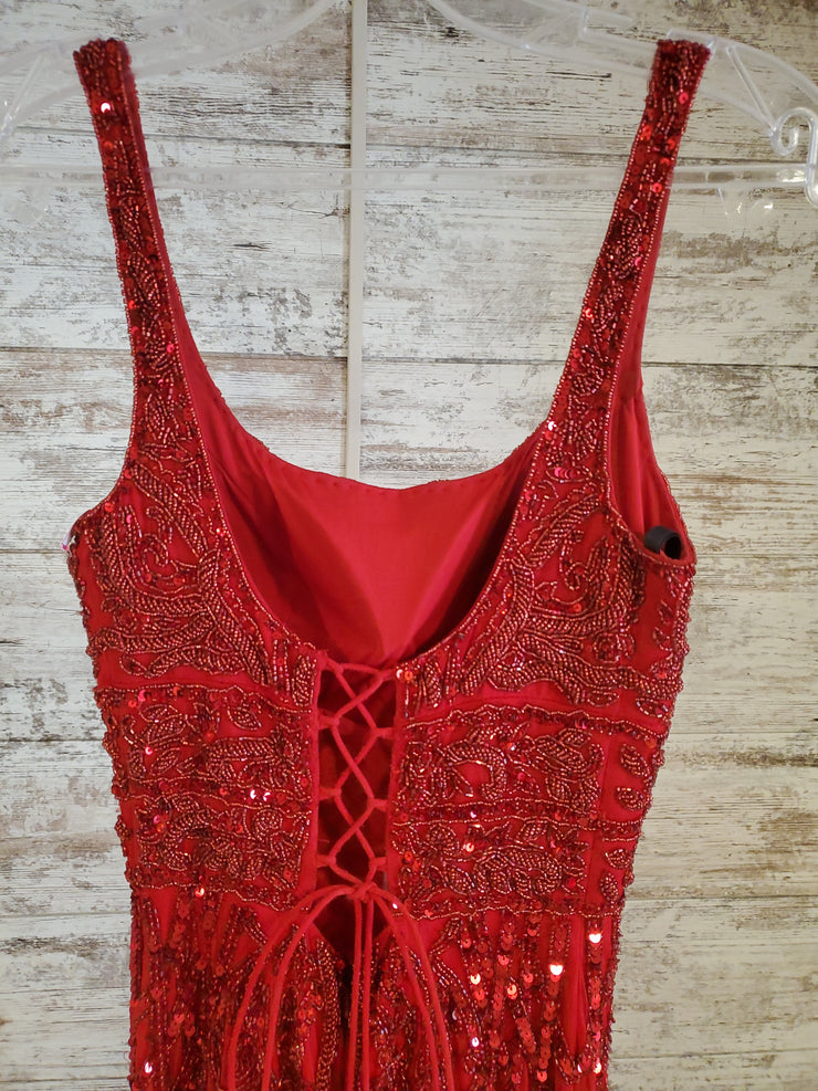 RED BEADED LONG EVENING GOWN