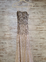 TAN BEADED FLORAL LONG DRESS