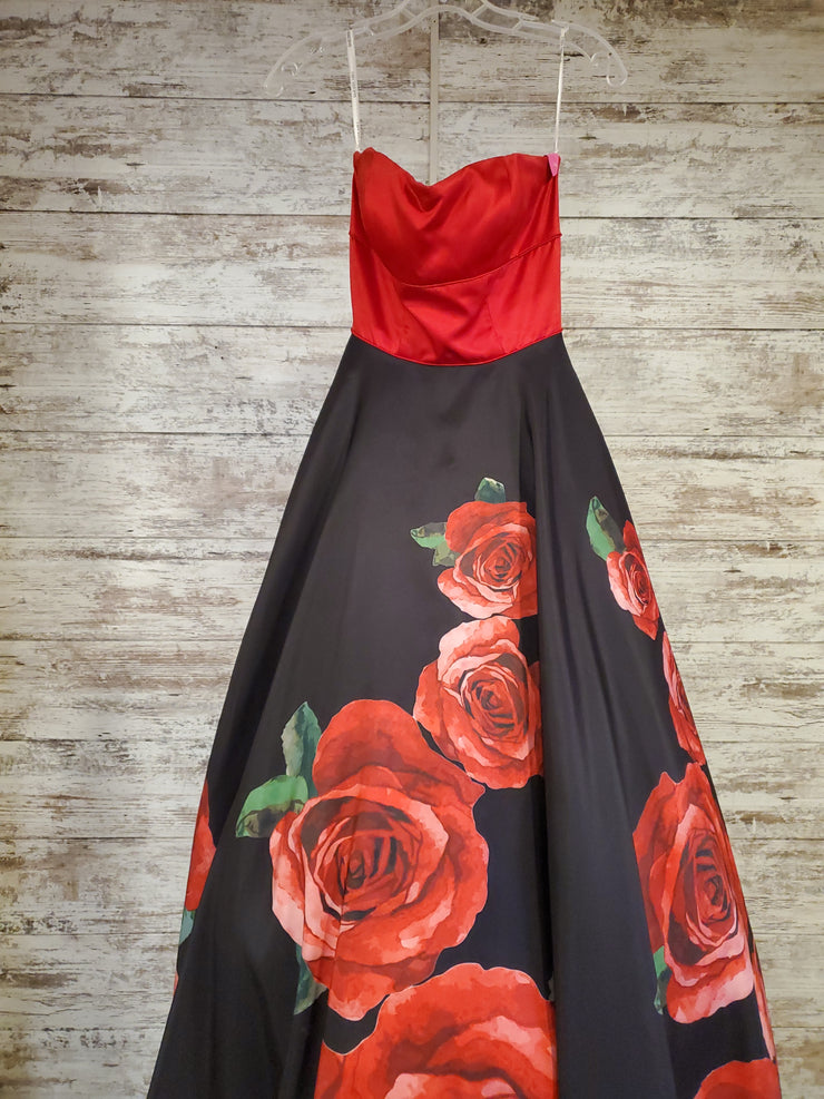 BLACK/RED FLORAL A LINE GOWN