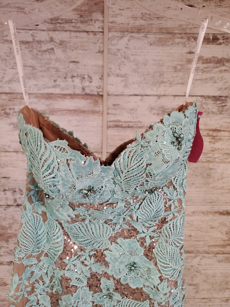 GREEN/TAN LONG EVENING GOWN